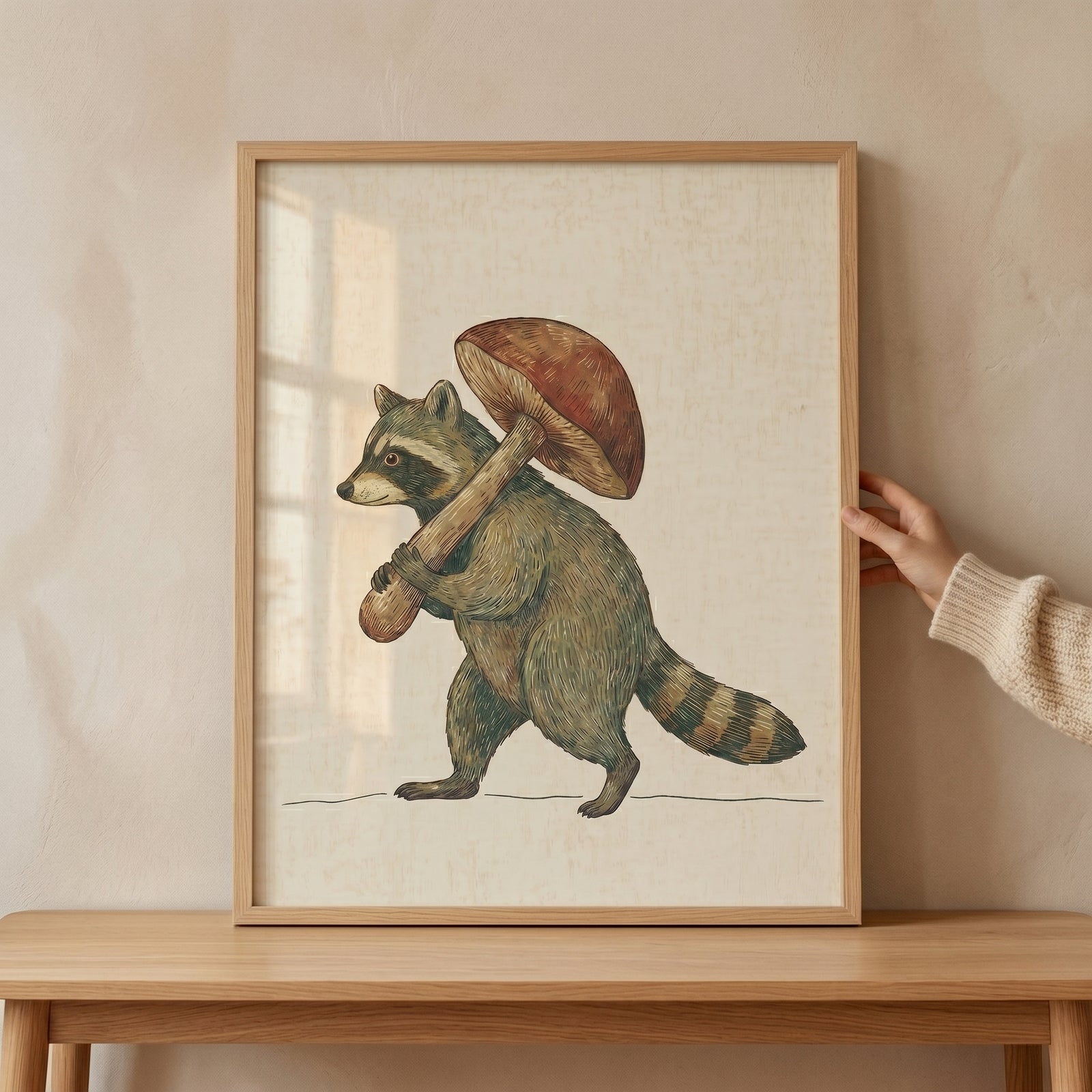 Framed mushroom carrying foraging raccoon wall art on a wooden table, held by a hand against a neutral wall.