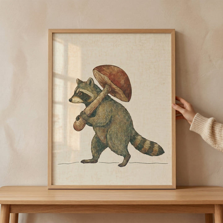 Framed mushroom carrying foraging raccoon wall art on a wooden table, held by a hand against a neutral wall.