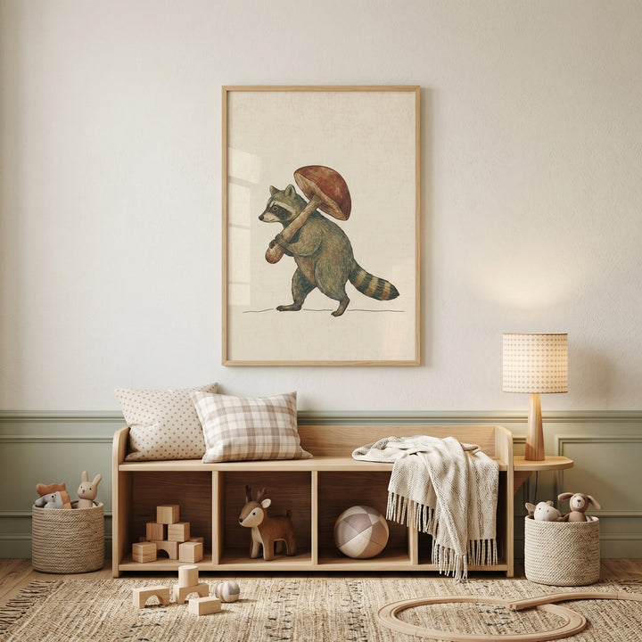 Mushroom carrying foraging raccoon wall art above a wooden storage bench with pillows, toys, and a warm lamp.