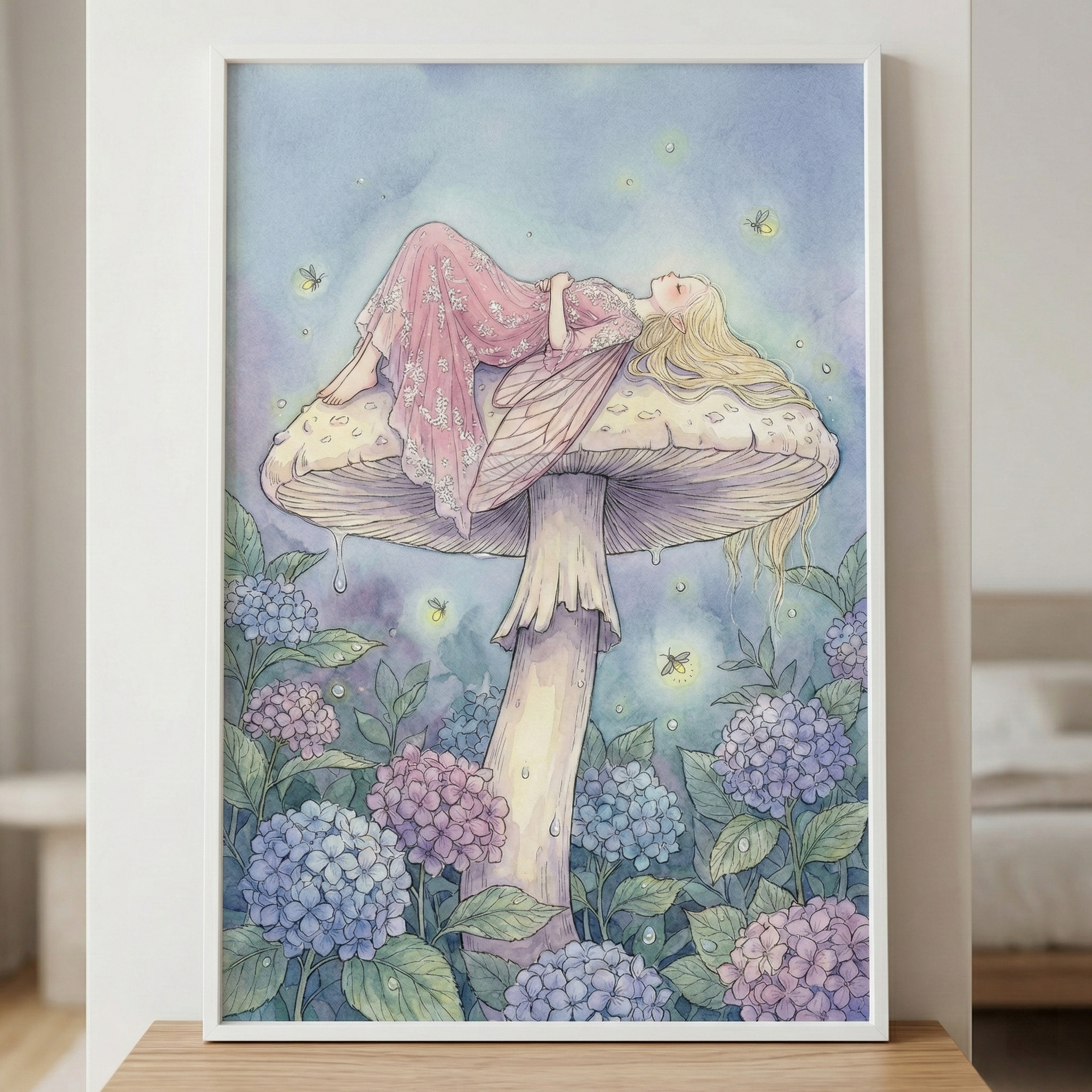 A framed illustration of a winged fantasy figure with long blonde hair reclining on top of a large mushroom. The figure wears a delicate, floral-patterned pink dress. The scene is set amongst a lush bed of blue and purple flowers. Soft, glowing lights resembling fireflies drift through the air under a muted, pastel sky. This watercolor-style art piece is displayed in a thin white frame on a wooden surface.