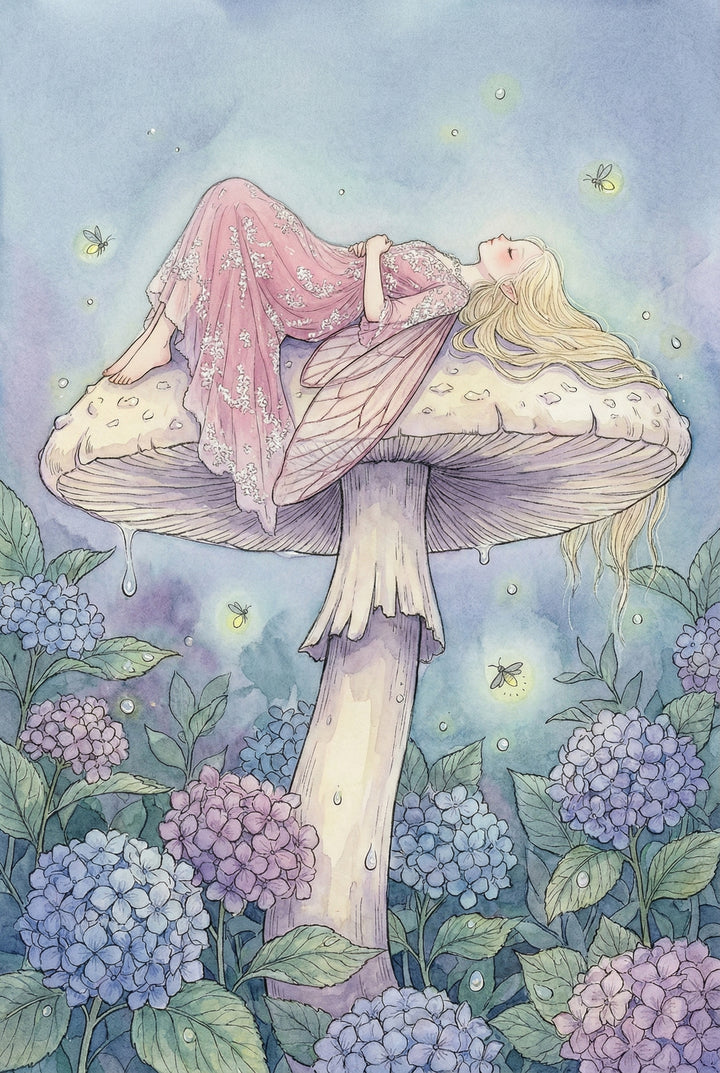 A delicate watercolor-style illustration of a winged woman resting atop a giant pale mushroom. She has long blonde hair and wears a pink lace dress. Her pointed ears suggest she is a mythical being. Below the mushroom, clusters of blue and purple hydrangeas bloom. Tiny glowing orbs and fireflies hover in a misty background of muted blues and purples. Delicate droplets of water cling to the mushroom and flowers, enhancing the magical woodland atmosphere.