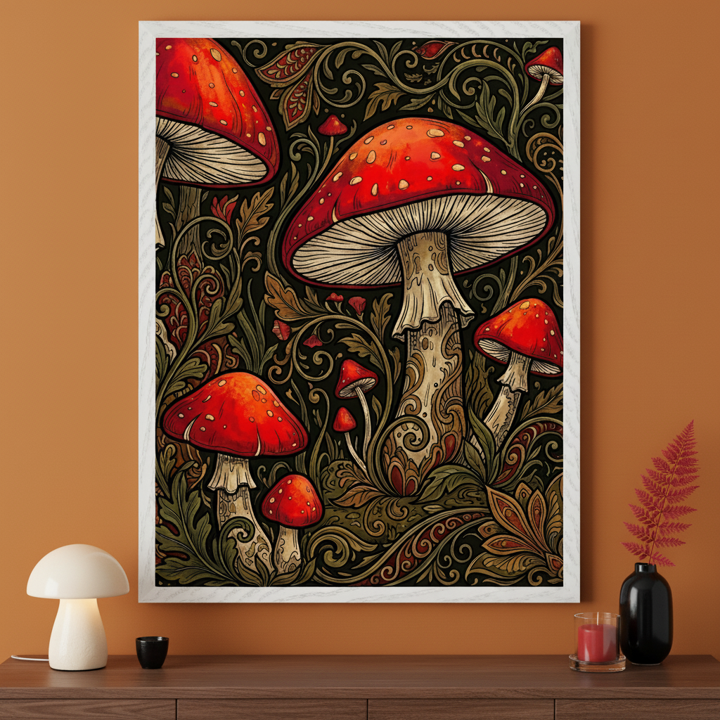 Modern room with an orange wall and a dark wooden dresser. A large white-framed Art Nouveau style illustration of red-capped mushrooms and intricate foliage on a dark background hangs above the dresser. A white mushroom lamp, a black cup, and a black vase with red foliage are on the dresser.