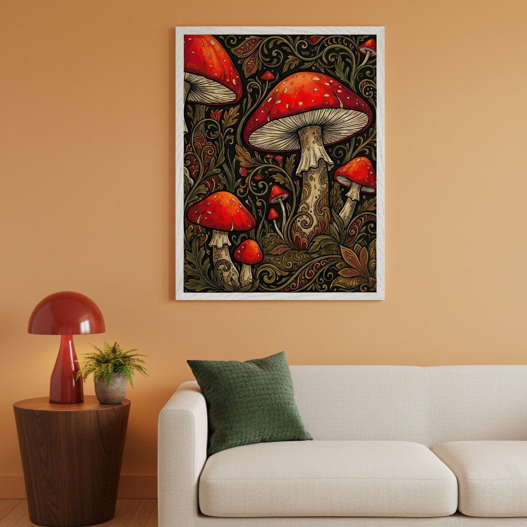 Modern living room with a white sofa, dark green pillow, and a wooden side table with a red lamp. A large framed artwork of red-capped mushrooms with detailed botanical patterns on a dark background hangs on an orange wall above the sofa.
