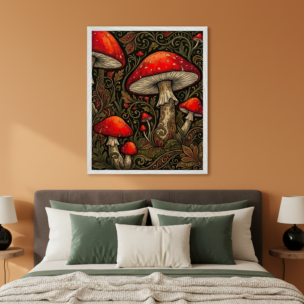 Modern bedroom with an upholstered gray bed against an orange wall. A large framed print of red and white spotted mushrooms surrounded by intricate dark green and brown botanical patterns hangs centered above the bed.