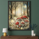 Modern living room with a dark green wall and a wooden dresser. A large framed watercolor painting of an enchanted forest with red and white spotted mushrooms, white flowers, and glowing lights hangs above the dresser.