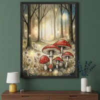 Modern living room with a dark green wall and a wooden dresser. A large framed watercolor painting of an enchanted forest with red and white spotted mushrooms, white flowers, and glowing lights hangs above the dresser.