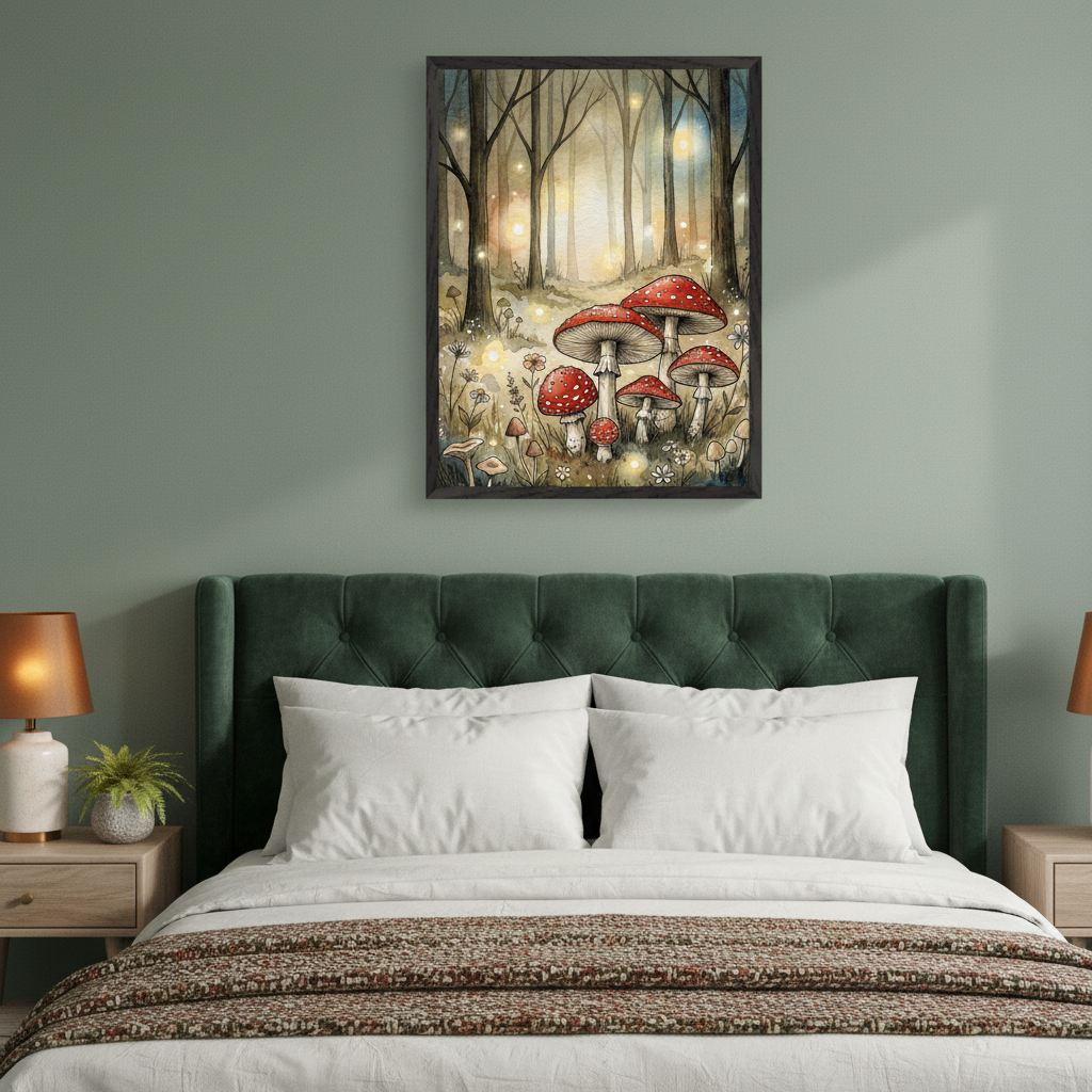 Modern bedroom with a dark green upholstered bed. A framed watercolor print of a whimsical forest with tall trees, red spotted mushrooms, and glowing lights hangs centered above the bed.