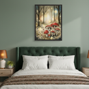 Modern bedroom with a dark green upholstered bed. A framed watercolor print of a whimsical forest with tall trees, red spotted mushrooms, and glowing lights hangs centered above the bed.