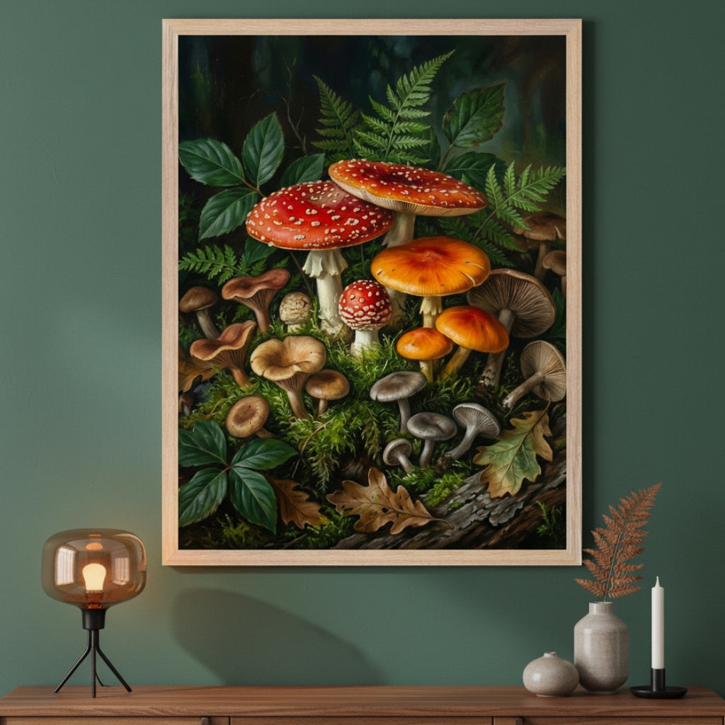 Modern living room with a dark green wall and a wooden console table. A vertical framed botanical painting of red, orange, and brown mushrooms, ferns, and moss on a forest floor hangs centered above the table.