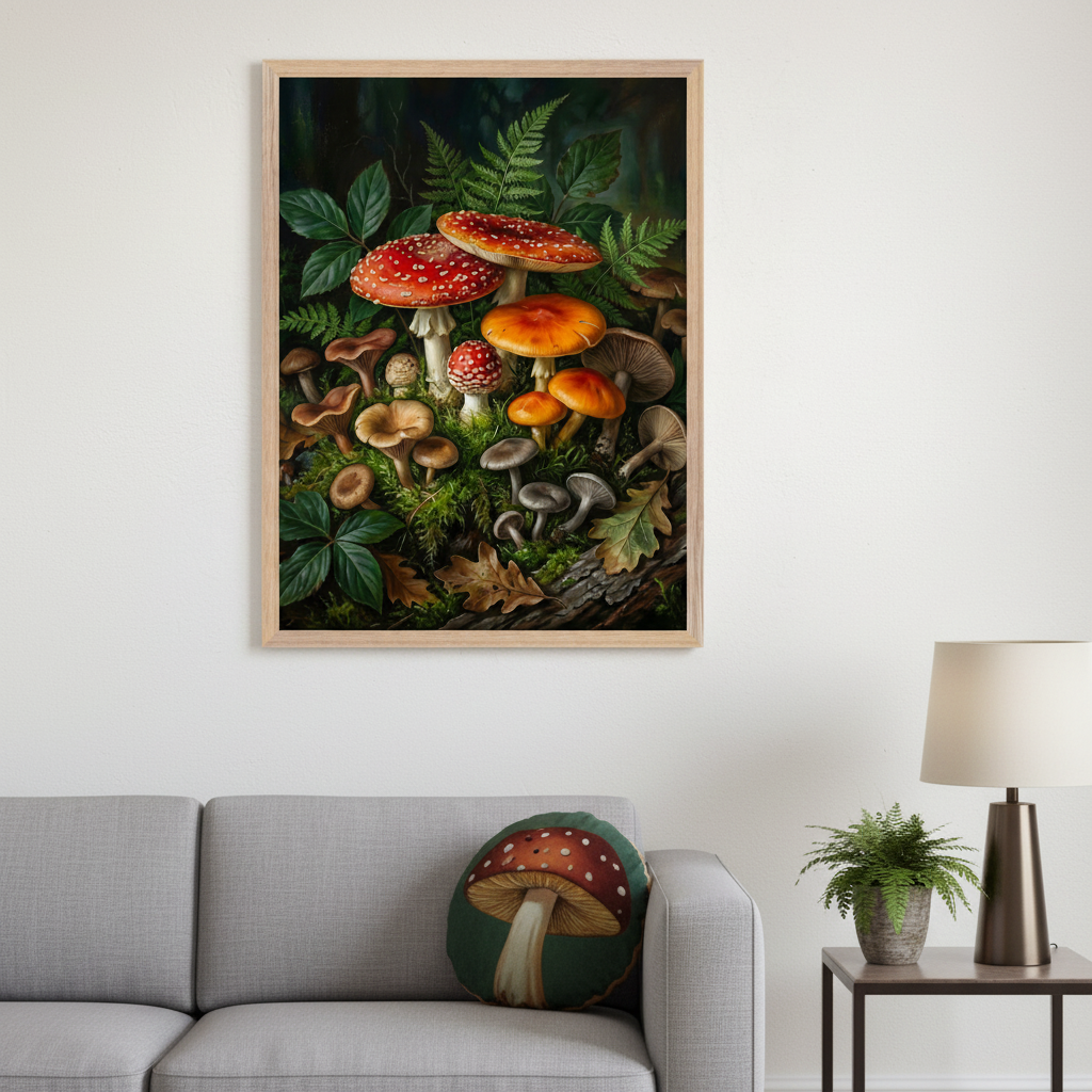 Living room with a grey sectional sofa. A light wood framed botanical painting of colorful mushrooms, moss, and ferns in a forest hangs above the sofa. A mushroom-shaped pillow is on the sofa. A side table with a lamp and plant is on the right.