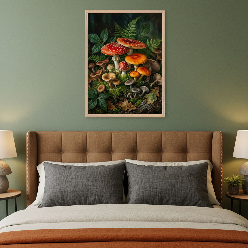 Bedroom with a brown tufted headboard bed. A framed painting of a cluster of colorful mushrooms, ferns, and moss on a forest floor hangs above the bed on a sage green wall.