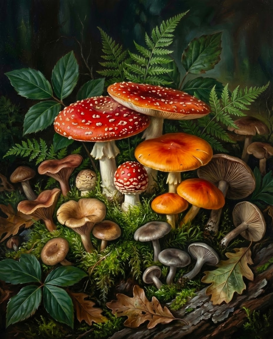 A beautifully detailed painting showcasing various mushrooms, including bright red and orange varieties, nestled in a forest with ferns and moss, highlighting the intricate beauty of nature.
