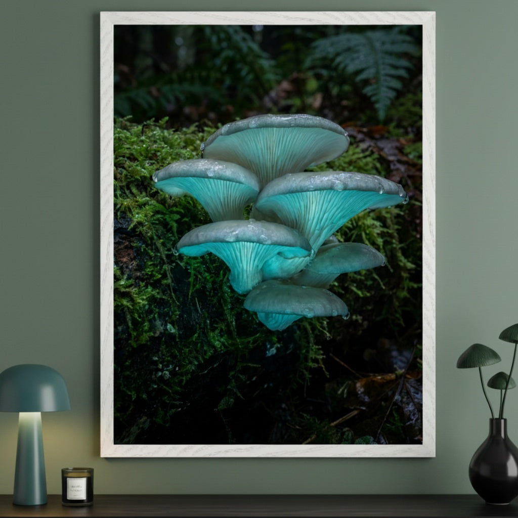 Modern room with a deep green wall and a dark countertop. A dark green table lamp, black candle, and black vase with mushroom decor are on the countertop. A large framed print of glowing blue oyster mushrooms on a mossy log in a dark forest hangs centered above.