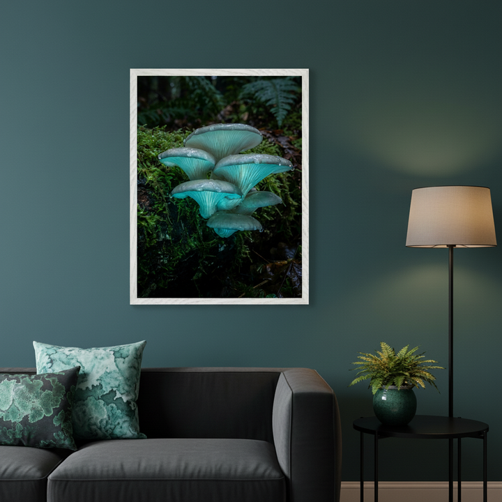 Modern living room with a dark grey sofa, black side table with a plant, and floor lamp. A large framed vertical print of glowing blue mushrooms on moss hangs above the sofa, left of the lamp.