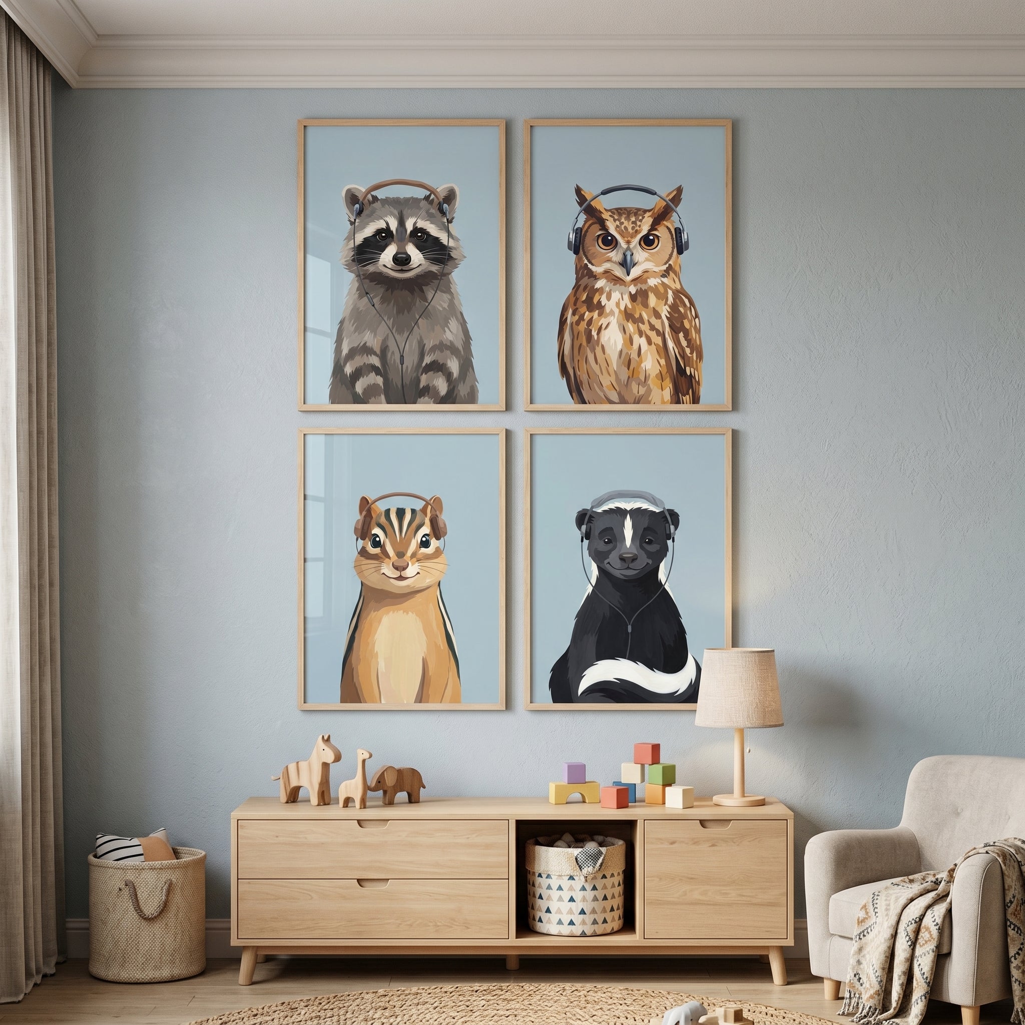 Music Listening Woodland Animal Wall Art Set of 4 - Wild Beats Crew