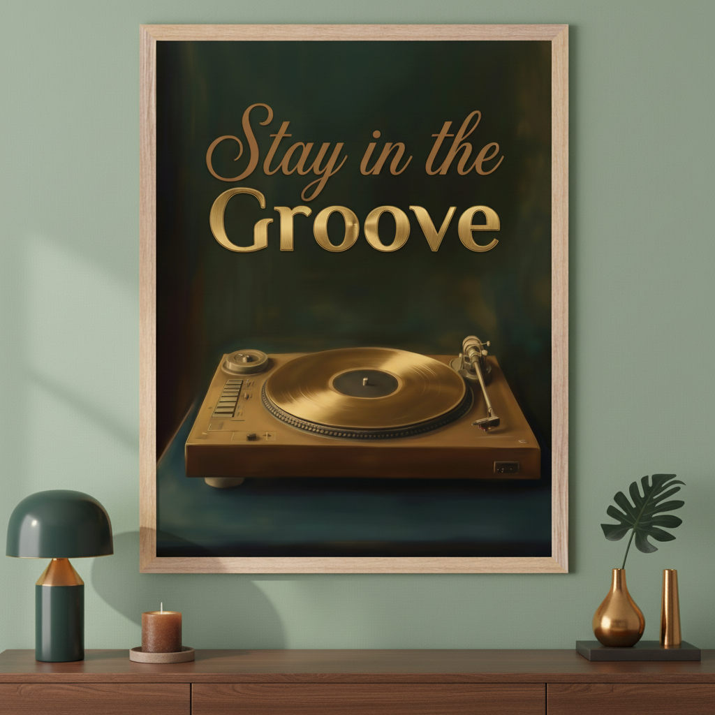 Modern room with a large framed poster centered above a wooden dresser. The poster displays "Stay in the Groove" in gold text above a golden turntable with a vinyl record, all against a dark green background.
