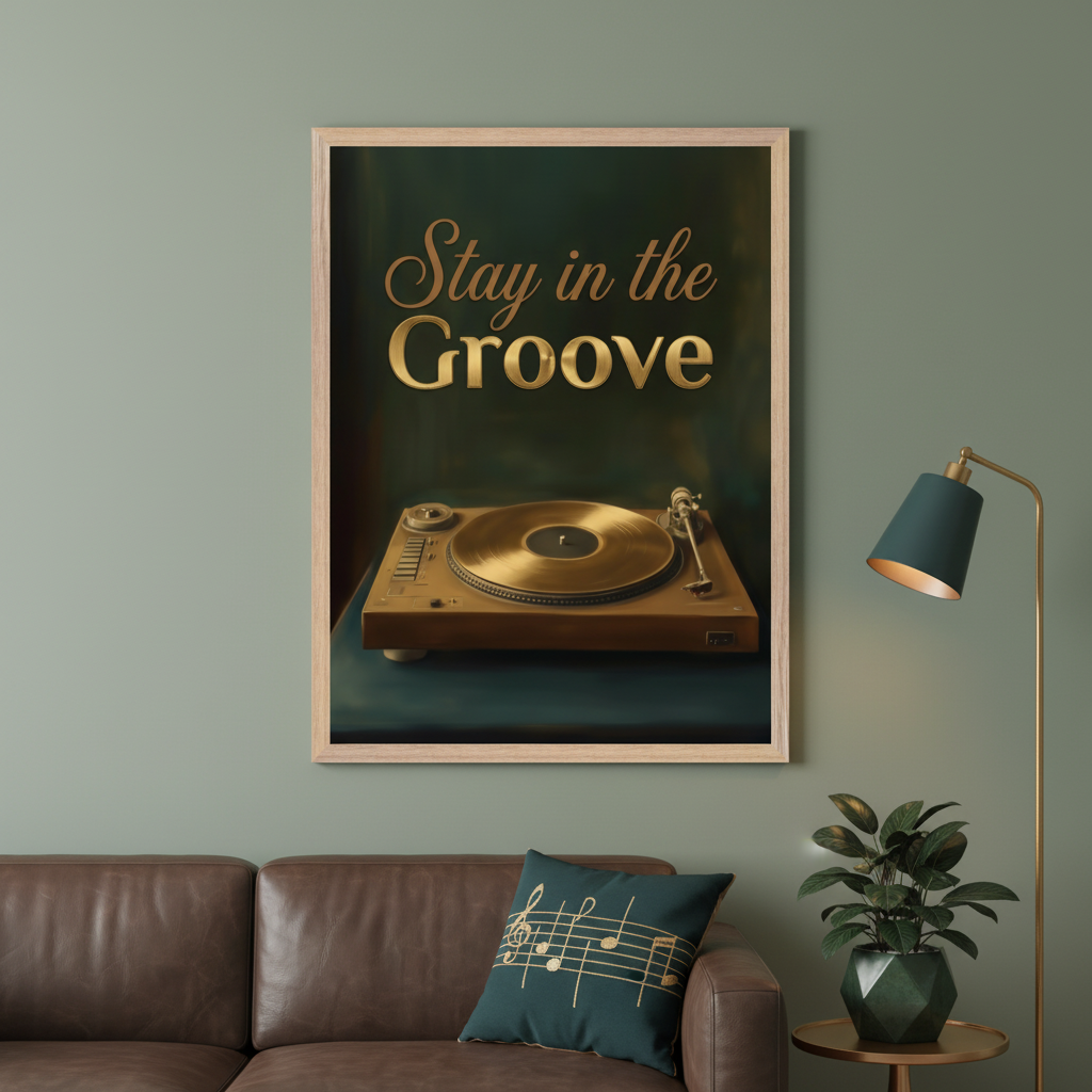 Modern living room with a brown leather sofa. A framed poster hangs centered above the sofa, featuring gold text "Stay in the Groove" and a golden record player. A teal pillow with music notes is on the sofa.
