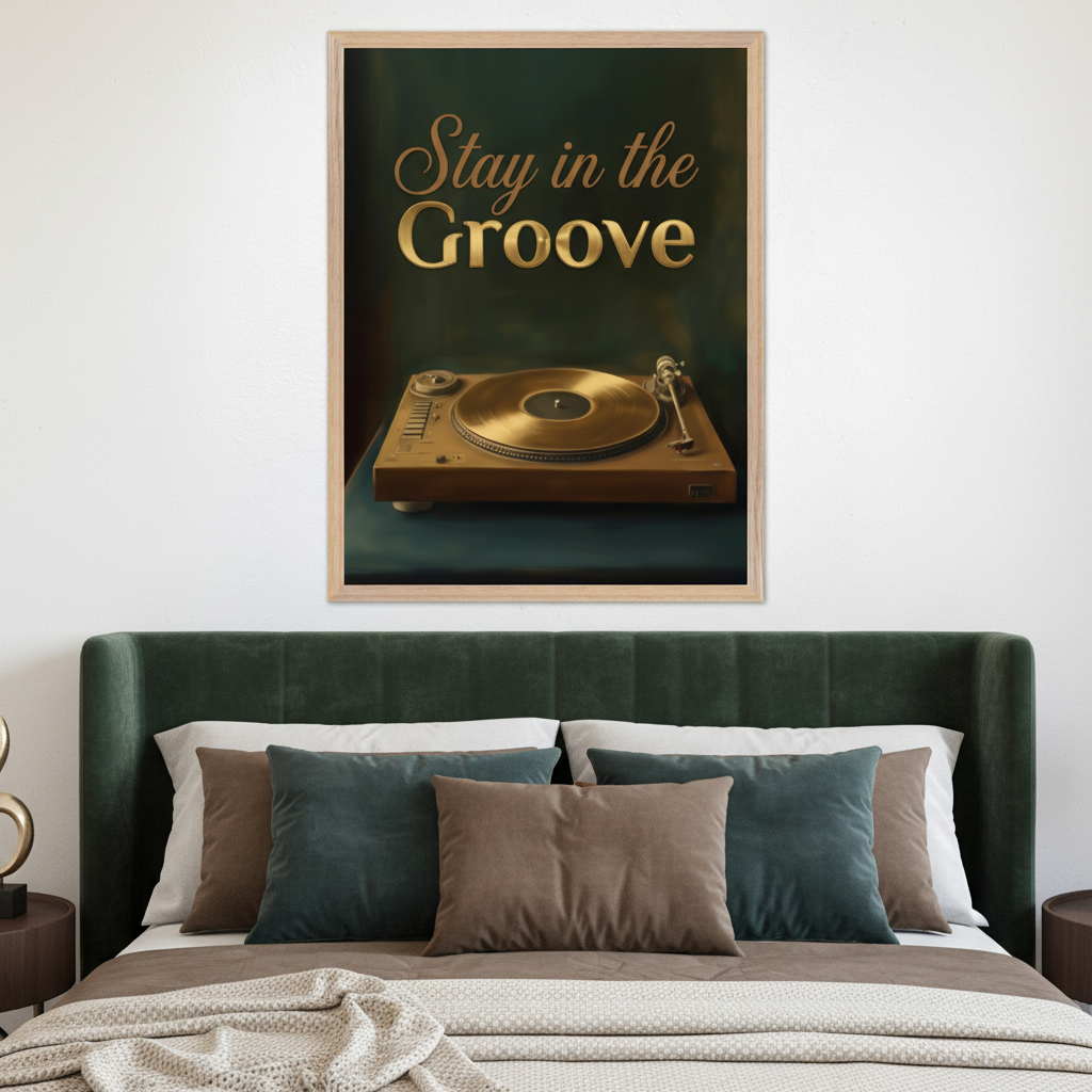 Modern bedroom with a dark green upholstered bed. A large framed poster hangs above the bed, featuring golden text "Stay in the Groove" above a gold turntable on a dark background.