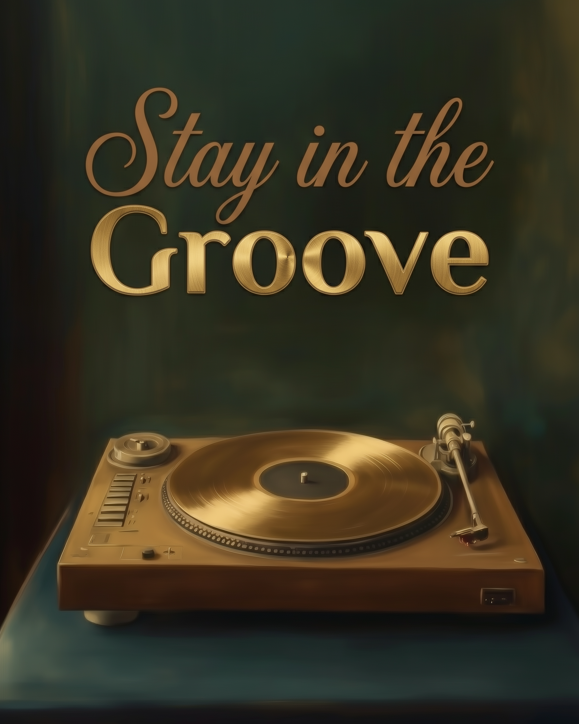 A golden-toned record player rests on a dark surface beneath the text “Stay in the Groove” in shiny gold letters. The warm lighting and smooth textures evoke a calm, retro-inspired focus on staying steady and stylish.
