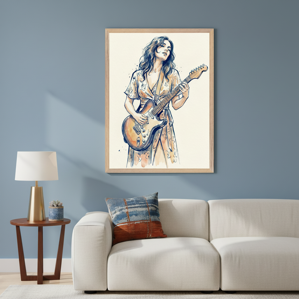 Modern living room with a blue wall and a white modular sofa. A large framed watercolor illustration of a woman playing an electric guitar hangs centered above the sofa. A small wooden side table and lamp are on the left.