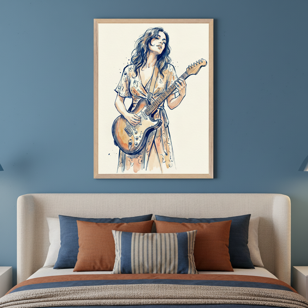 Modern bedroom with a beige upholstered bed and colorful pillows. A framed watercolor and ink illustration of a woman playing an electric guitar hangs centered above the bed on a blue wall.