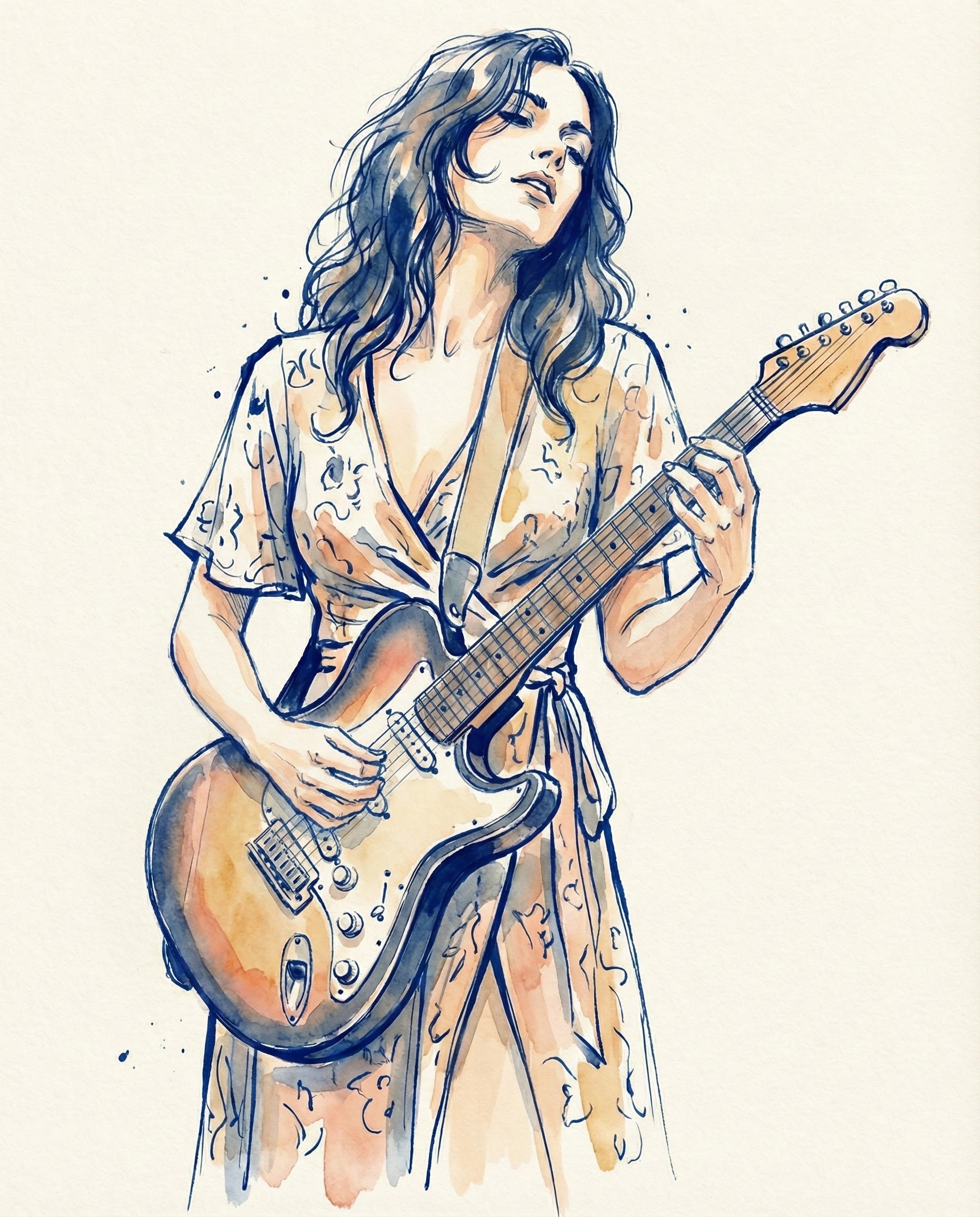 Artistic watercolor illustration of a woman in a floral dress playing an electric guitar with a passionate expression and soft ink detailing.
