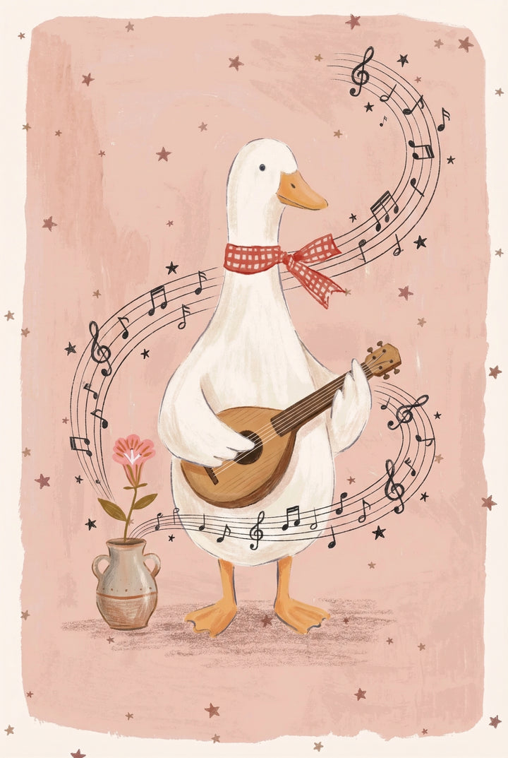 A whimsical illustration features a white duck standing upright, playing a small wooden stringed instrument similar to a mandolin. Around its neck, the duck wears a red and white checkered ribbon tied in a bow. Swirling musical staves filled with black notes and treble clefs dance around the duck in a flowing motion. To the lower left, a single pink flower sits in a small, simple earthenware vase. The entire scene is set against a soft, textured pink background dotted with numerous small, dark stars.