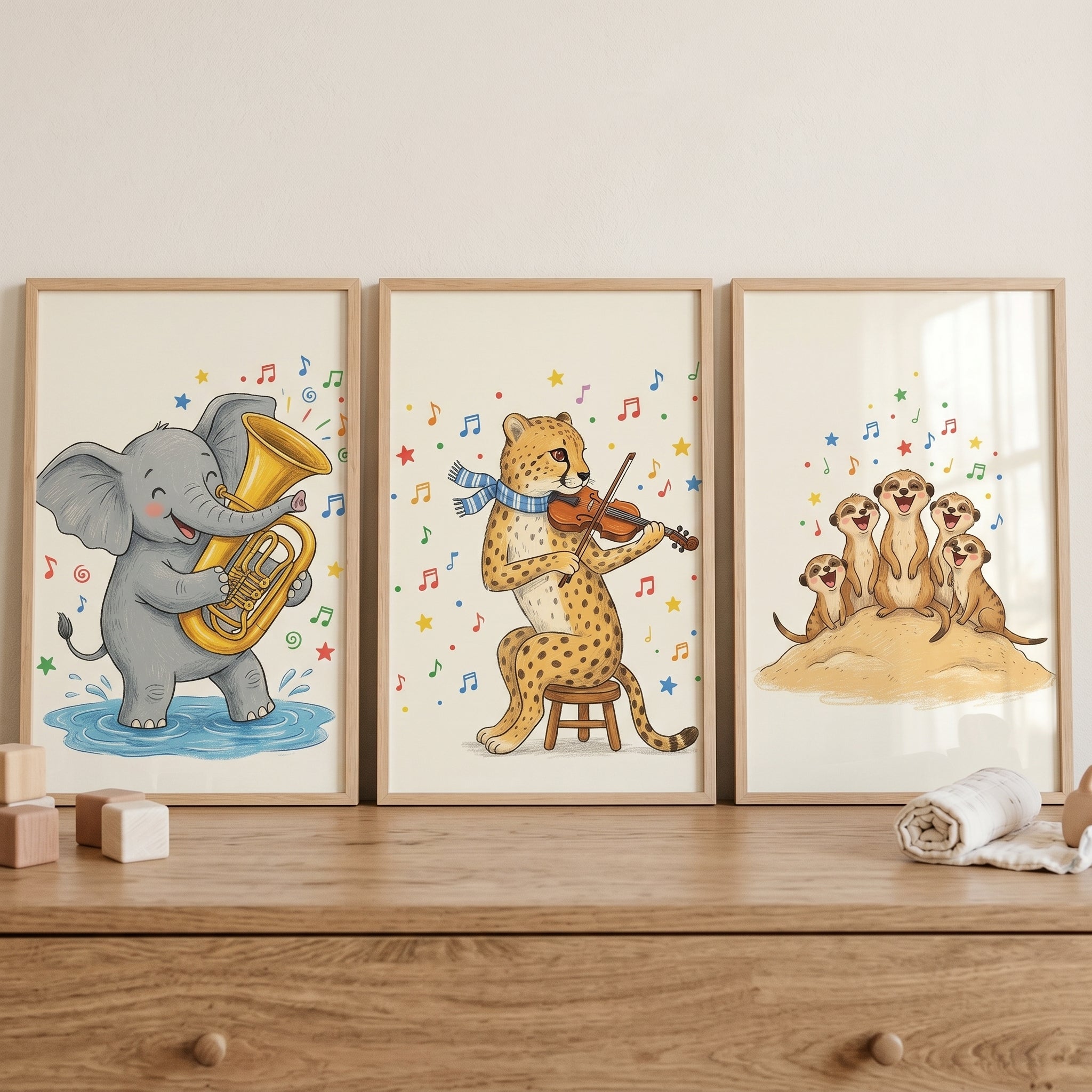 Musical Illustrated Savanna Animals Wall Art Set of 3 - Musical Jungle Band