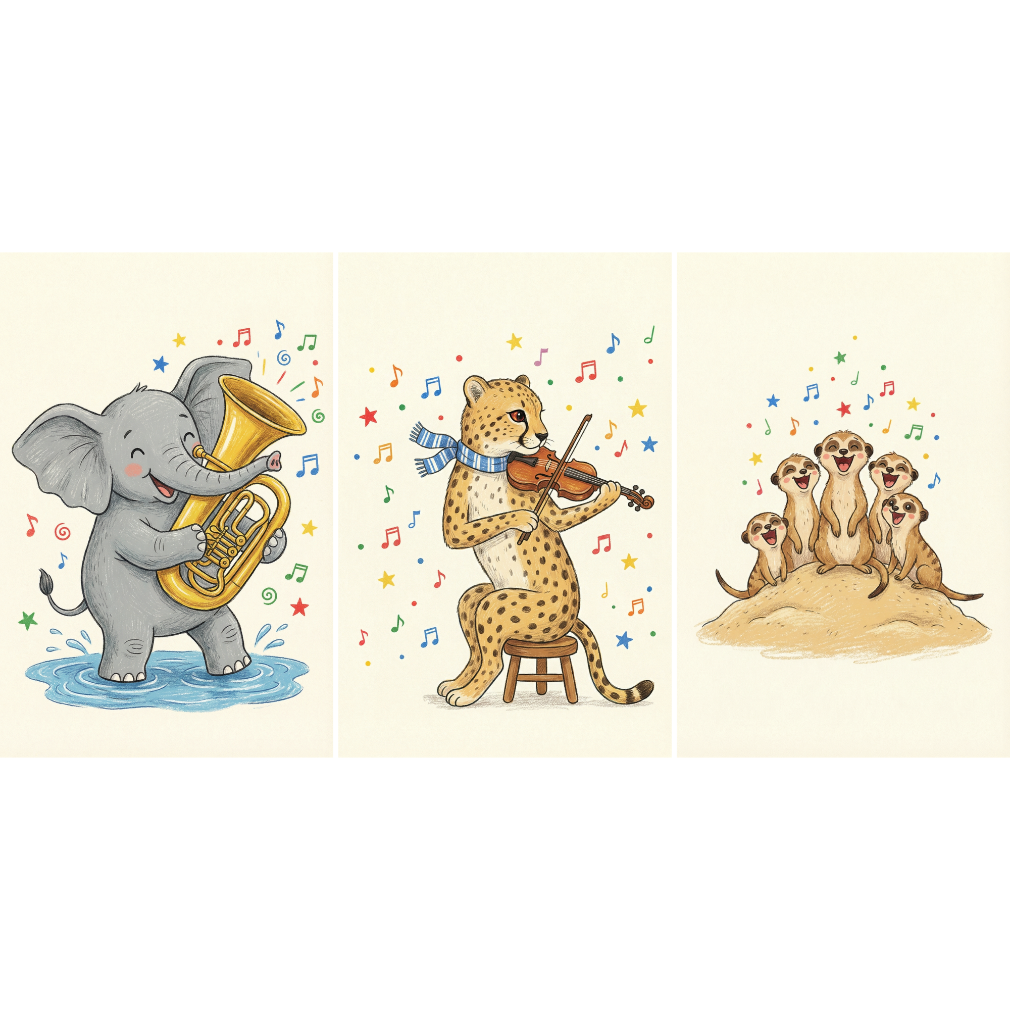 Musical Illustrated Savanna Animals Wall Art Set of 3 - Musical Jungle Band