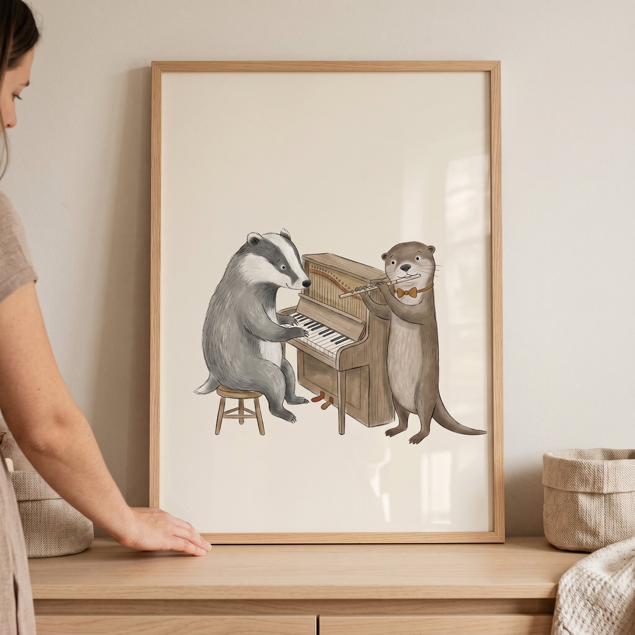 Musical Piano Badger Otter Wall Art - Woodland Musical Duo