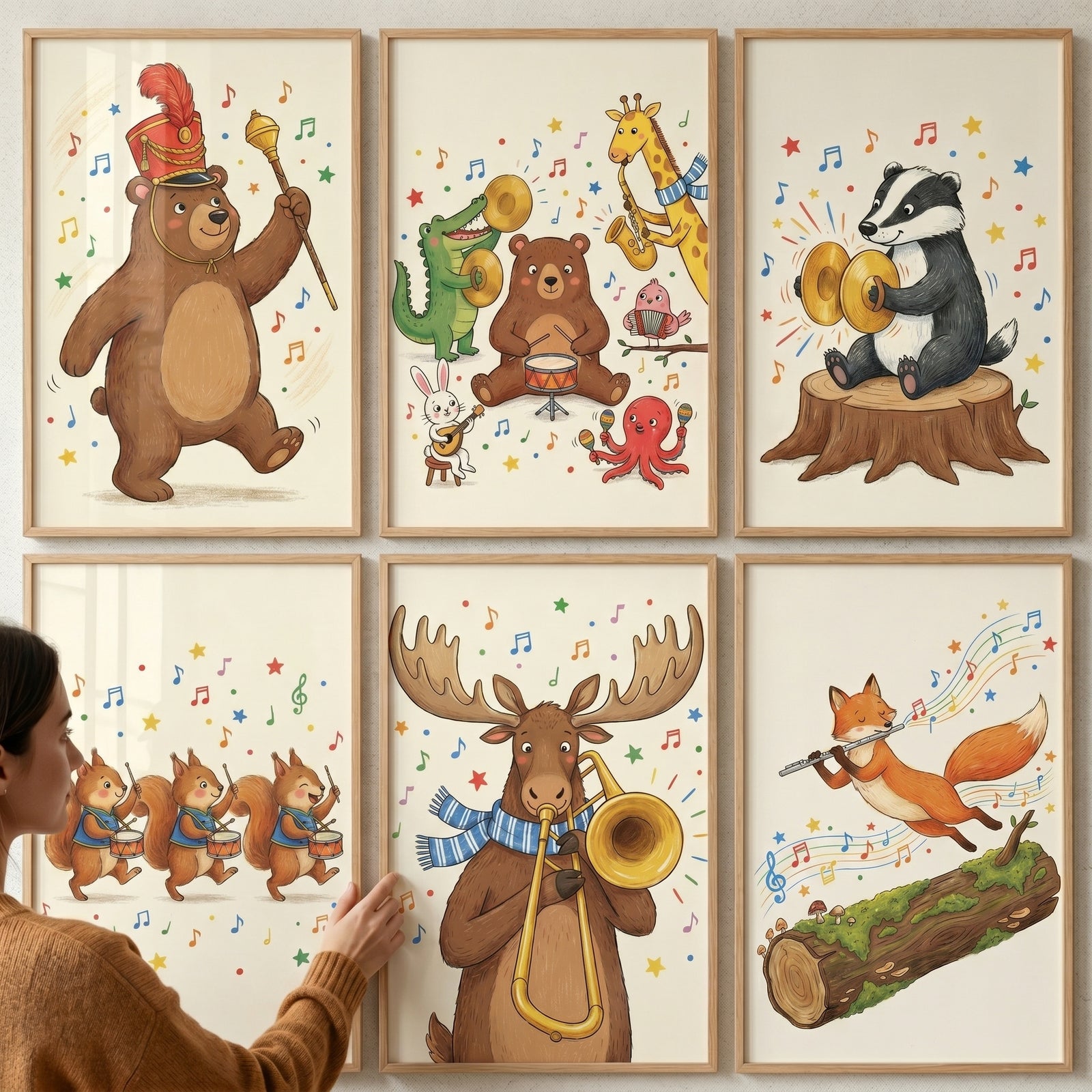 Musical storybook forest animals wall art set of 6 featuring whimsical cartoon animals playing instruments in frames.