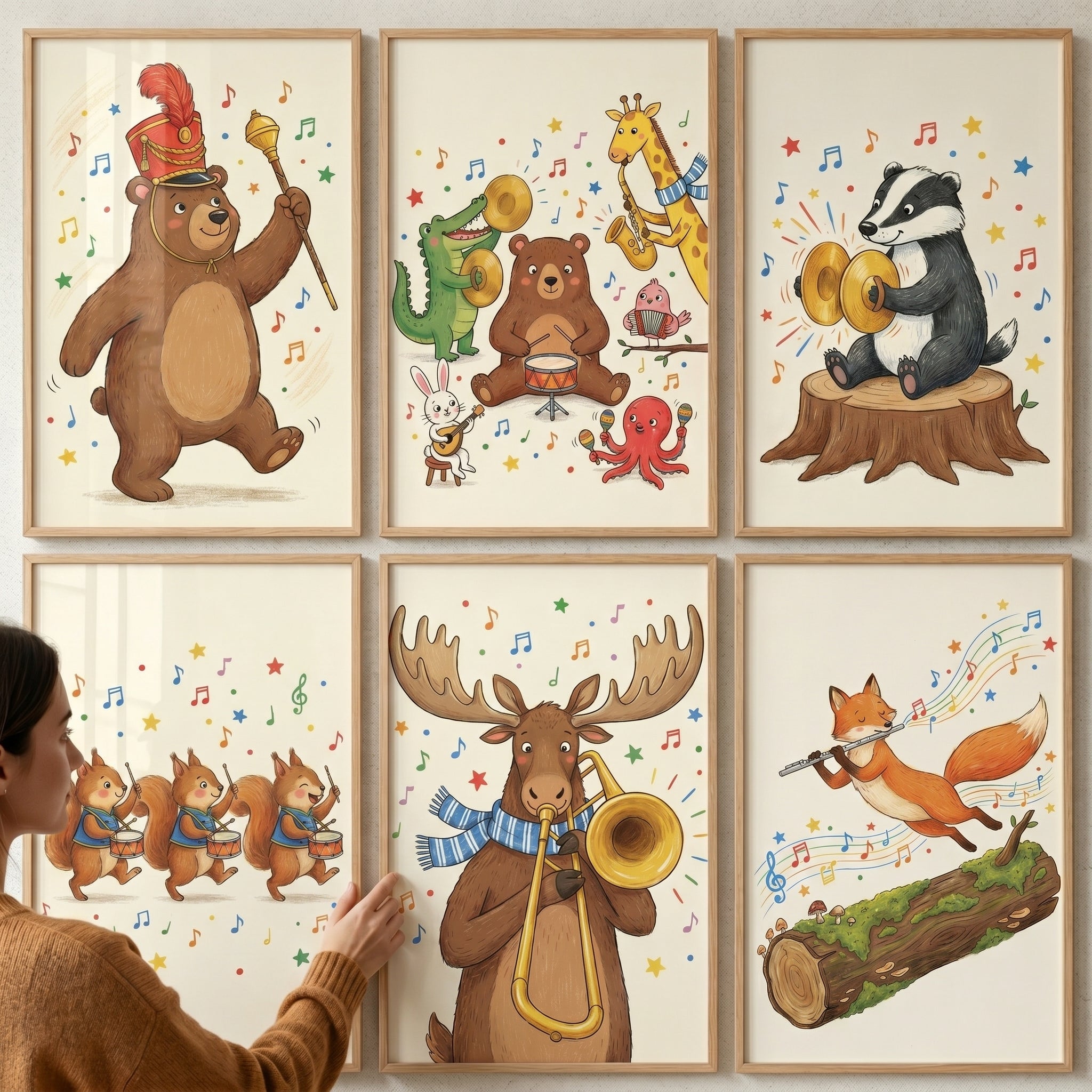Musical Storybook Forest Animals Wall Art Set of 6 - Whimsical Animal Parade