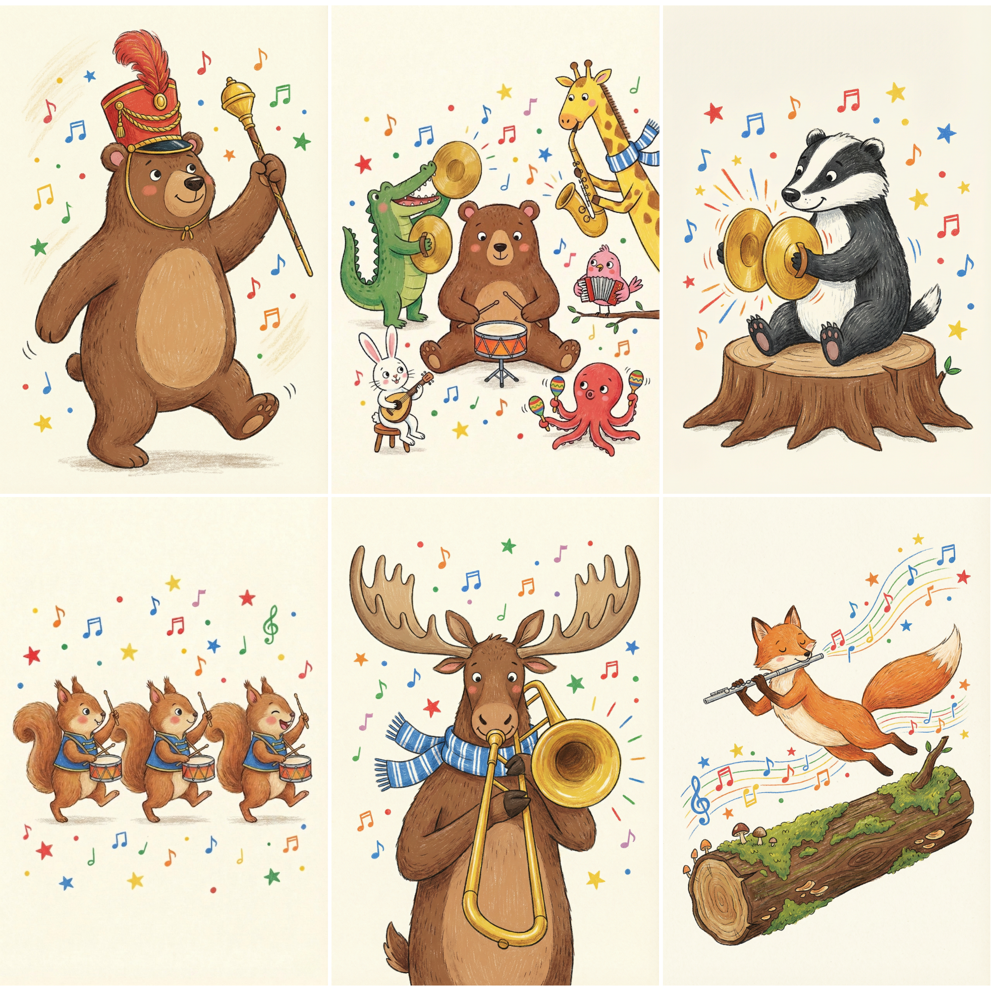 Musical Storybook Forest Animals Wall Art Set of 6 - Whimsical Animal Parade