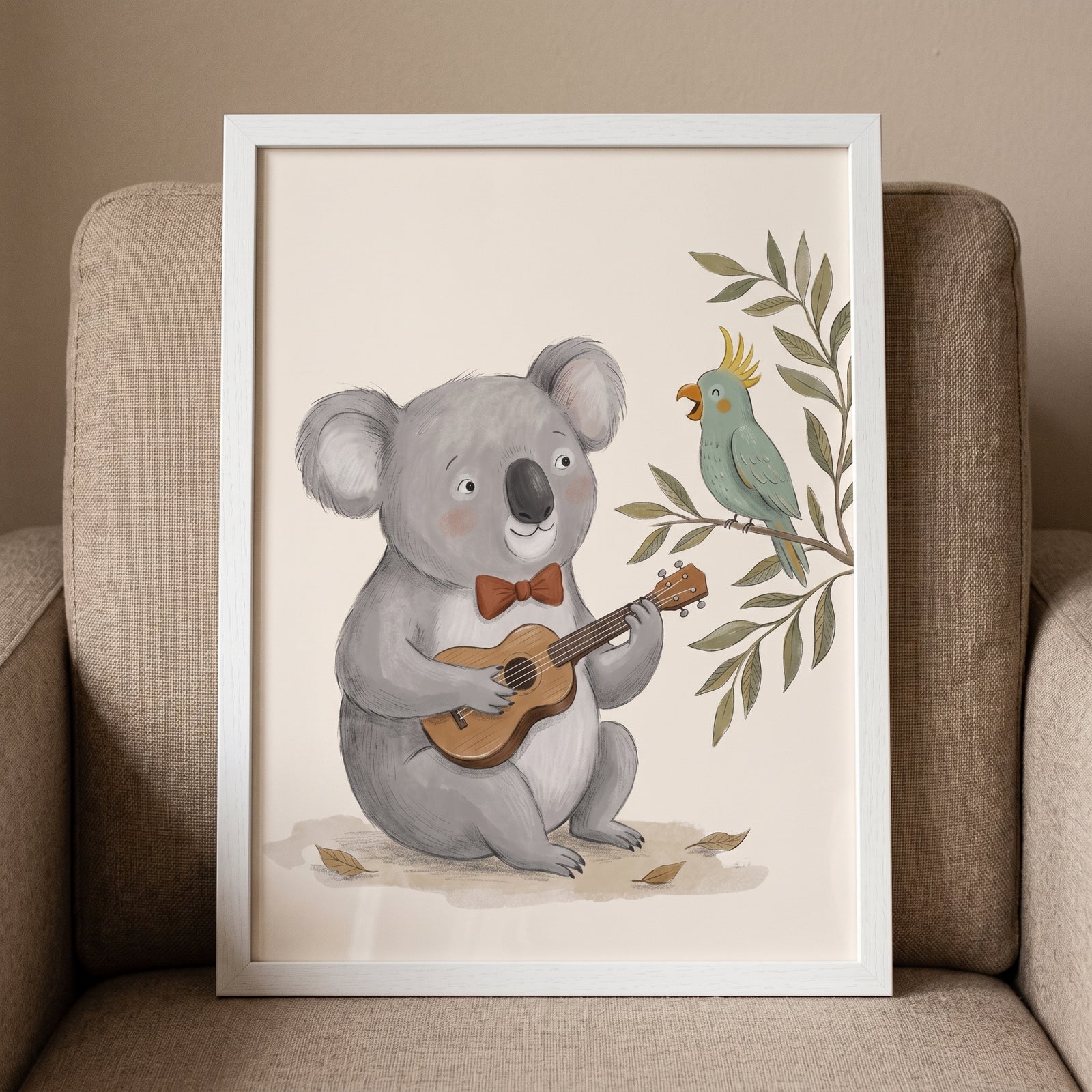 Musical ukulele playing koala wall art featuring a grey koala in a bowtie strumming music for a bird on a leafy branch.