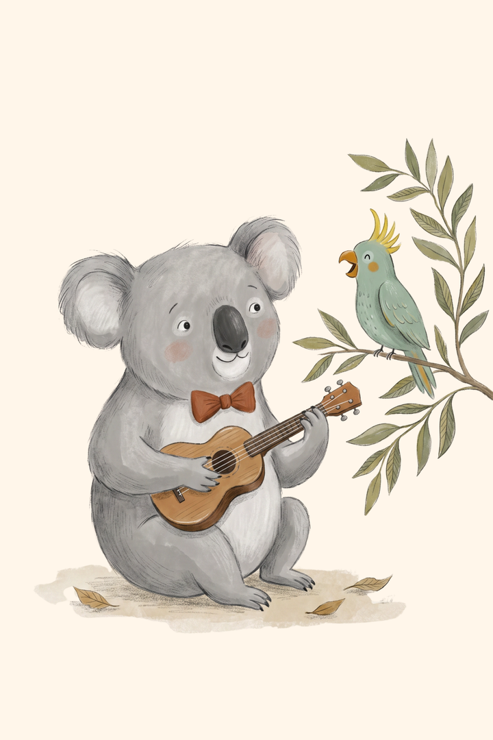 Musical ukulele playing koala wall art hangs above a wooden shelf with toys, a plant, and a basket in a neutral nursery.