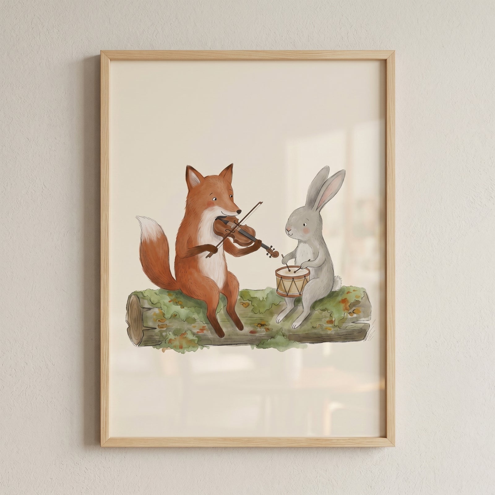 Watercolor fox playing violin and rabbit on a drum sitting on a log. Musical woodland animals wall art.