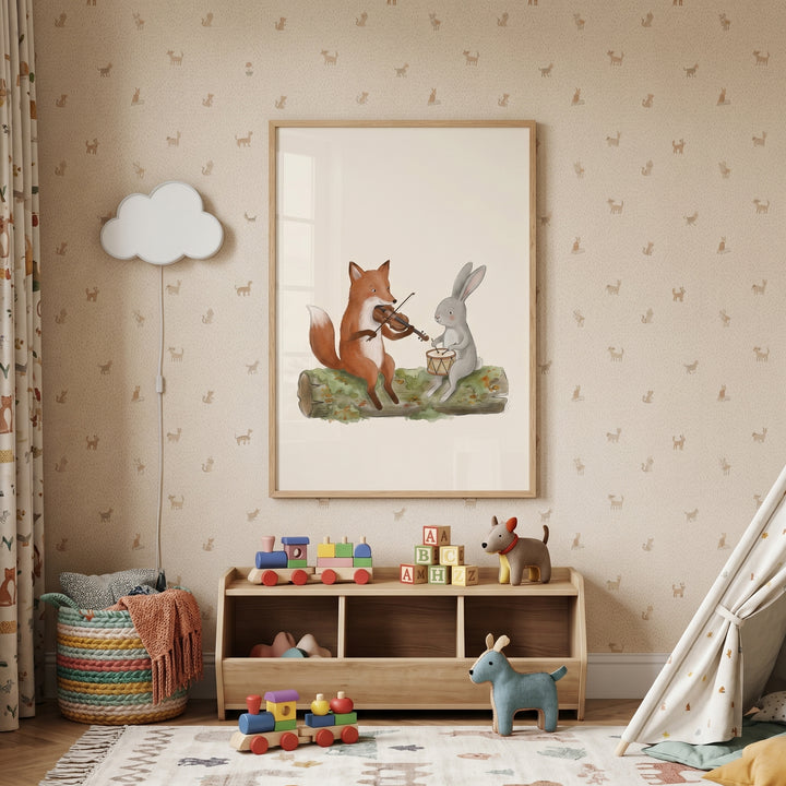 Musical woodland animals wall art depicts a fox and rabbit over a nursery toy shelf with wooden blocks and trains.
