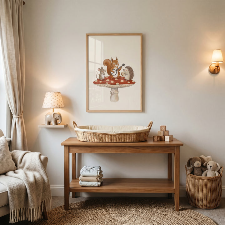 Musical woodland animals wall art above a wooden table with a changing basket and wicker toy basket in a neutral nursery.