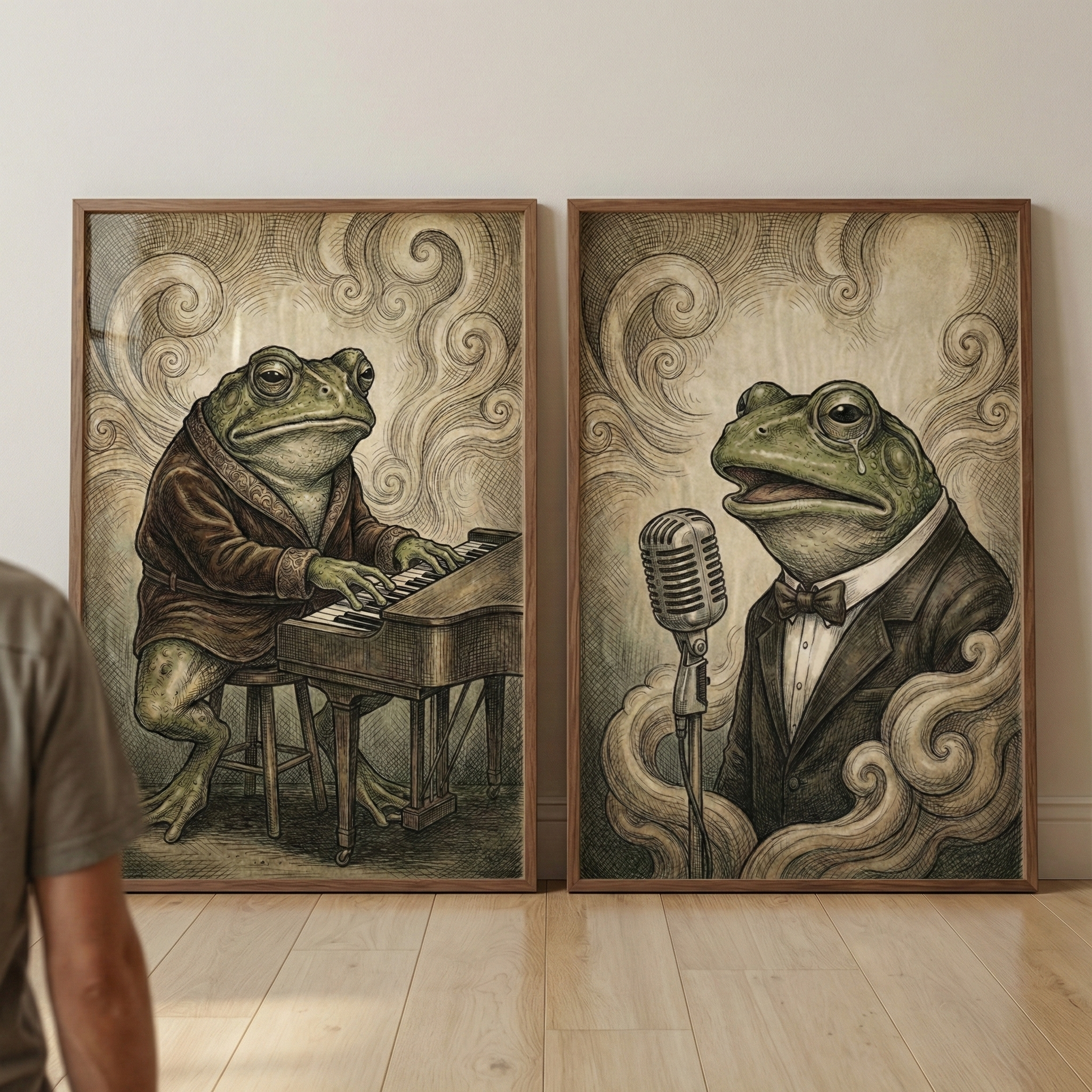 Musician Frog Wall Art Set Of 2 - Melancholy Marsh Melodies