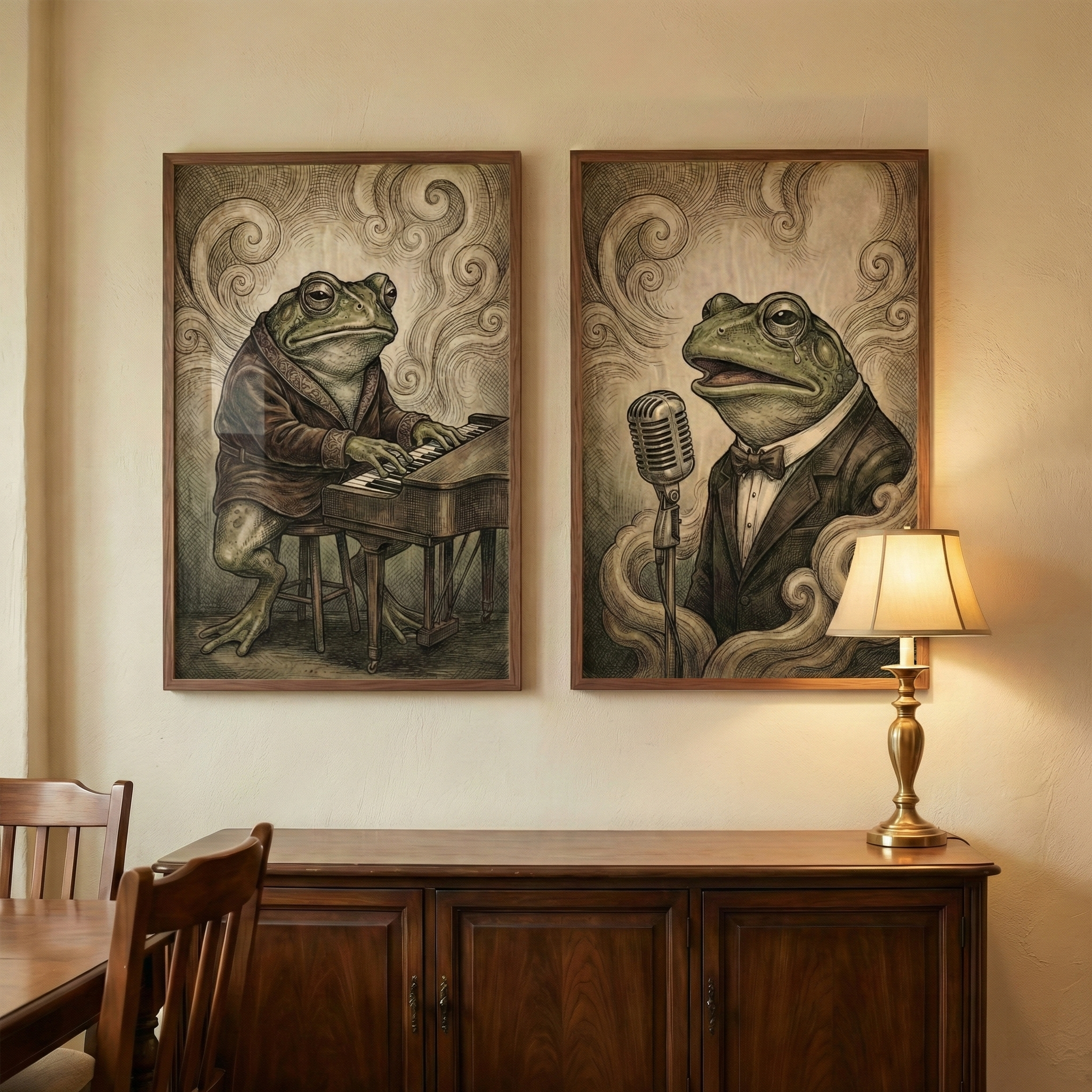 Musician Frog Wall Art Set Of 2 - Melancholy Marsh Melodies