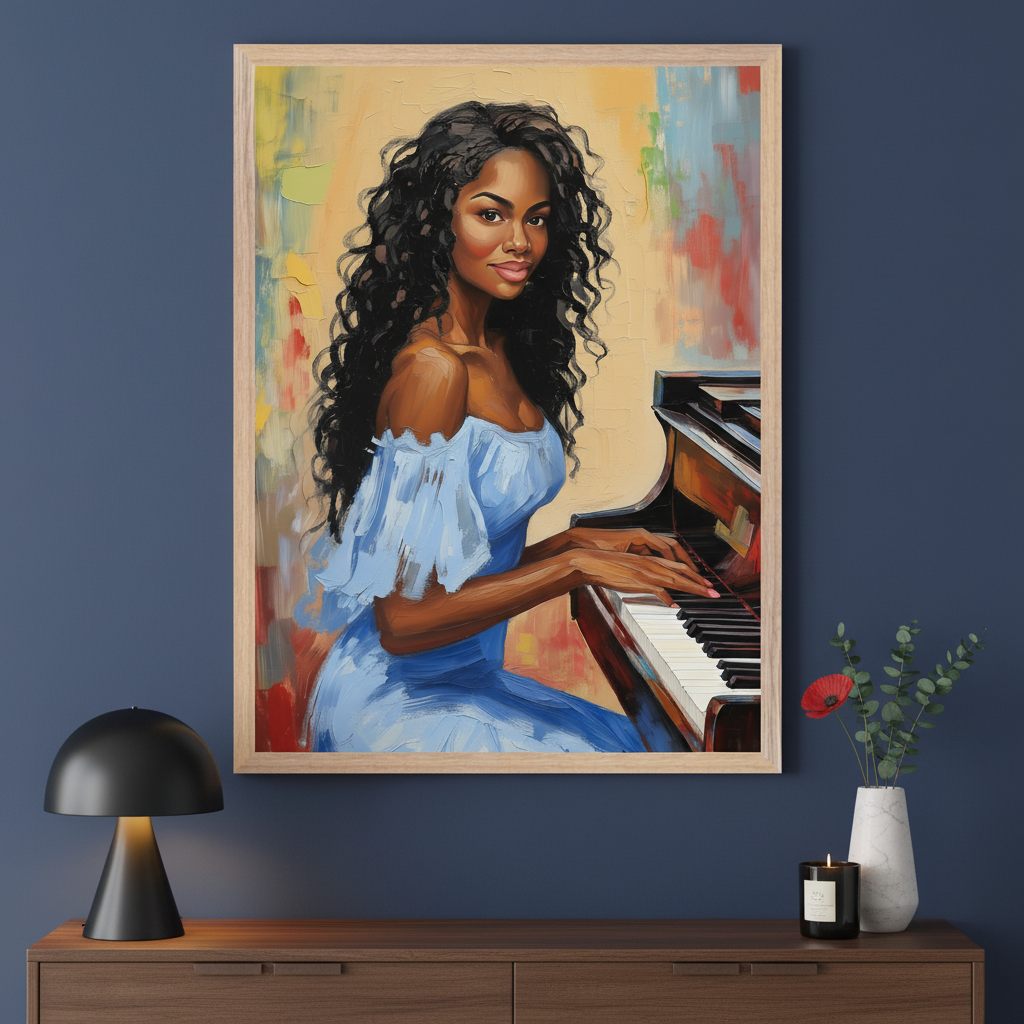 Modern room with dark blue wall and wooden dresser below. A framed oil painting of a dark-skinned woman with long curly hair in a blue dress playing piano hangs above dresser. Black lamp on left, vase with flowers and candle on right.