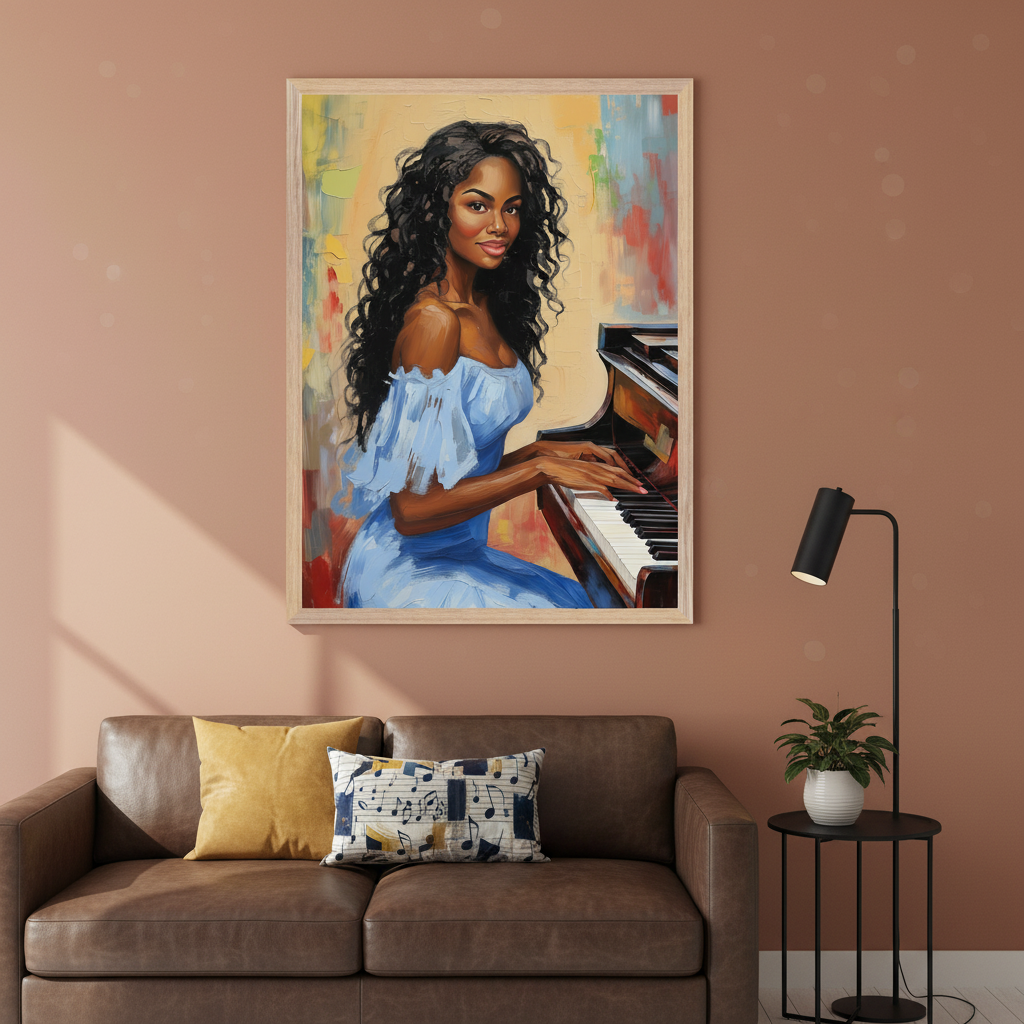 Living room with a brown leather sofa. Above it, a large framed painting depicts a Black woman in a blue dress playing piano, with a colorful, abstract background in a painterly style. A black floor lamp and a small plant on a side table are to the right of the sofa.