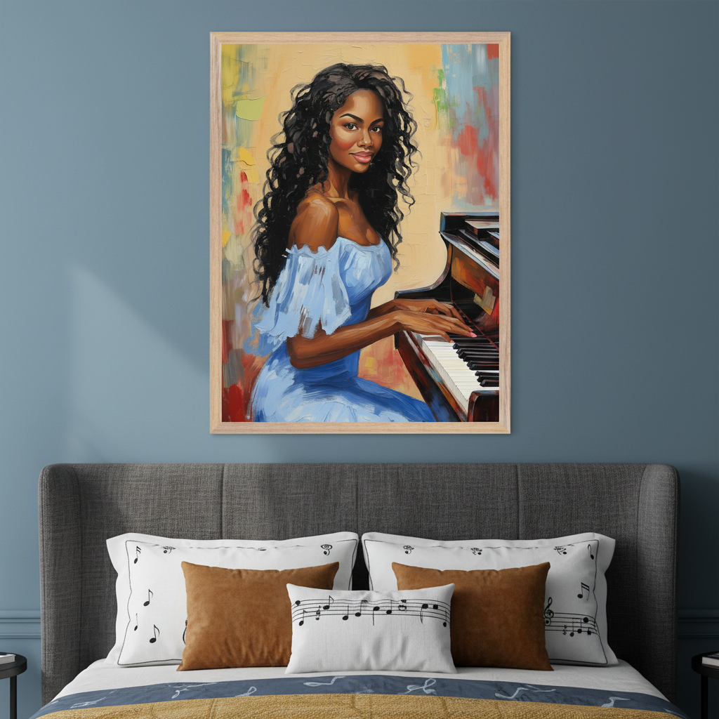 Modern bedroom with a gray upholstered bed. A framed painting of a smiling Black woman with long curly hair, in a blue dress, playing a piano with visible brushstrokes, hangs centered above the bed. Bed pillows have music notes.