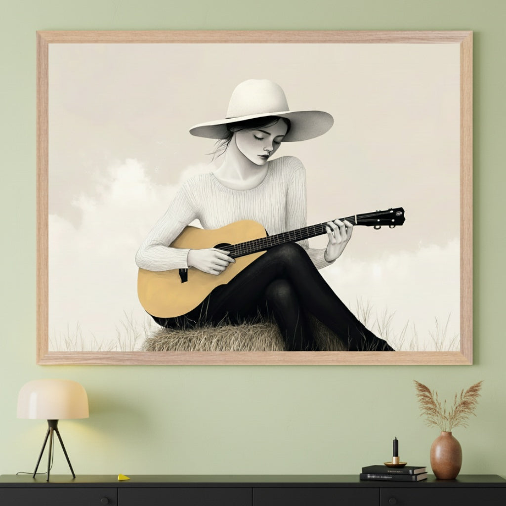 Modern living room with a black console table. A large framed desaturated illustration of a woman in a wide-brimmed hat and white sweater playing a light brown acoustic guitar hangs centered above the table.