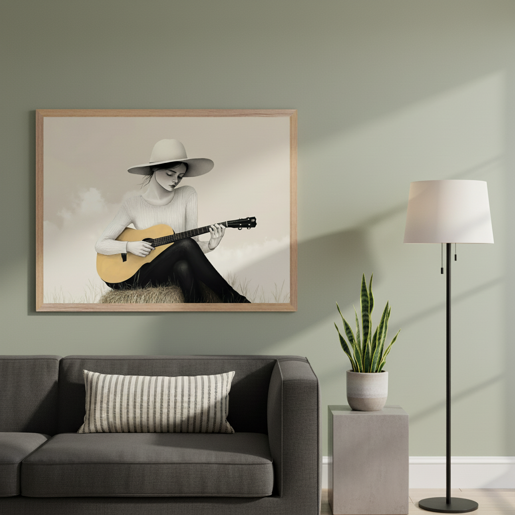 Modern living room with a gray sofa. A large framed illustration of a woman in a wide-brimmed hat playing an acoustic guitar, sitting on hay, hangs centered above the sofa. A floor lamp and snake plant on a concrete side table are to the right.