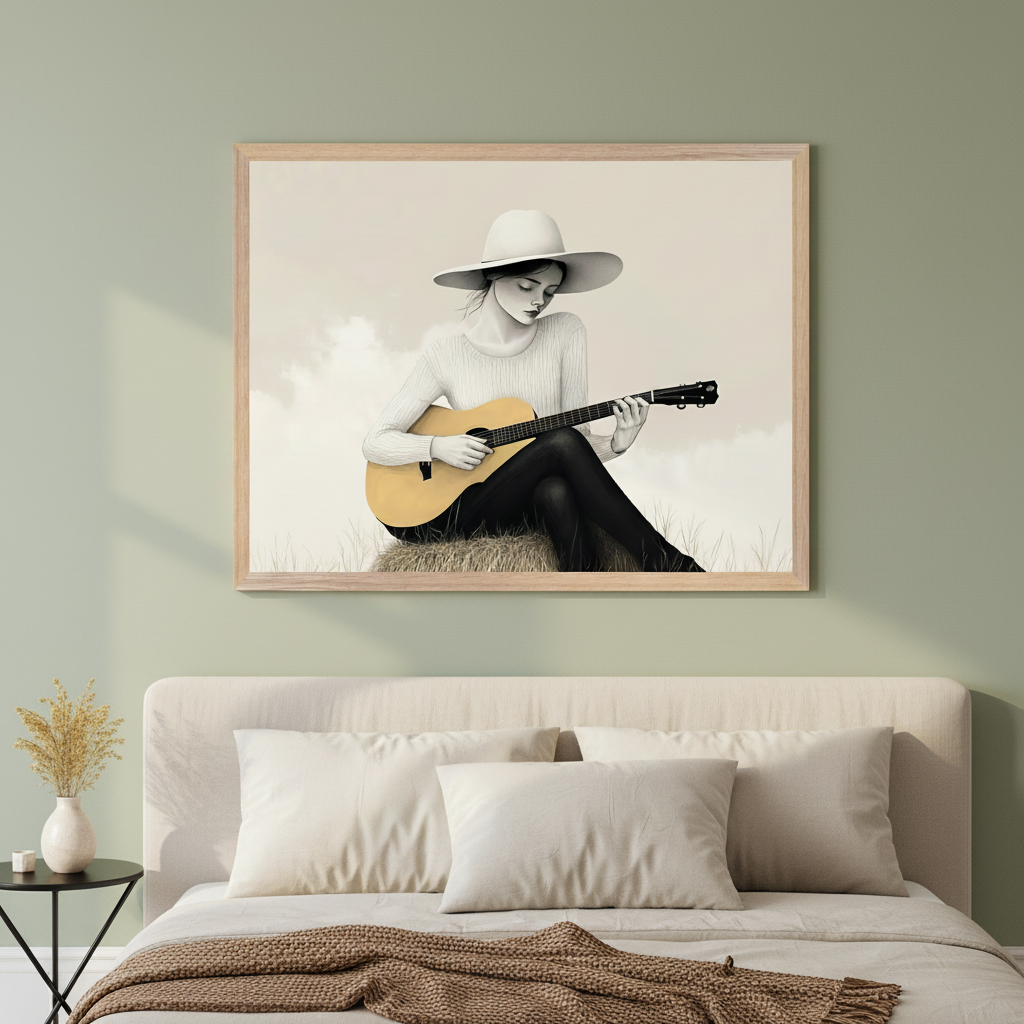 Modern bedroom with a sage green wall. A large framed illustration of a woman in a wide-brimmed hat and sweater playing a light-colored acoustic guitar hangs centered above an upholstered bed with a knitted throw. A side table with a vase sits left of the bed.