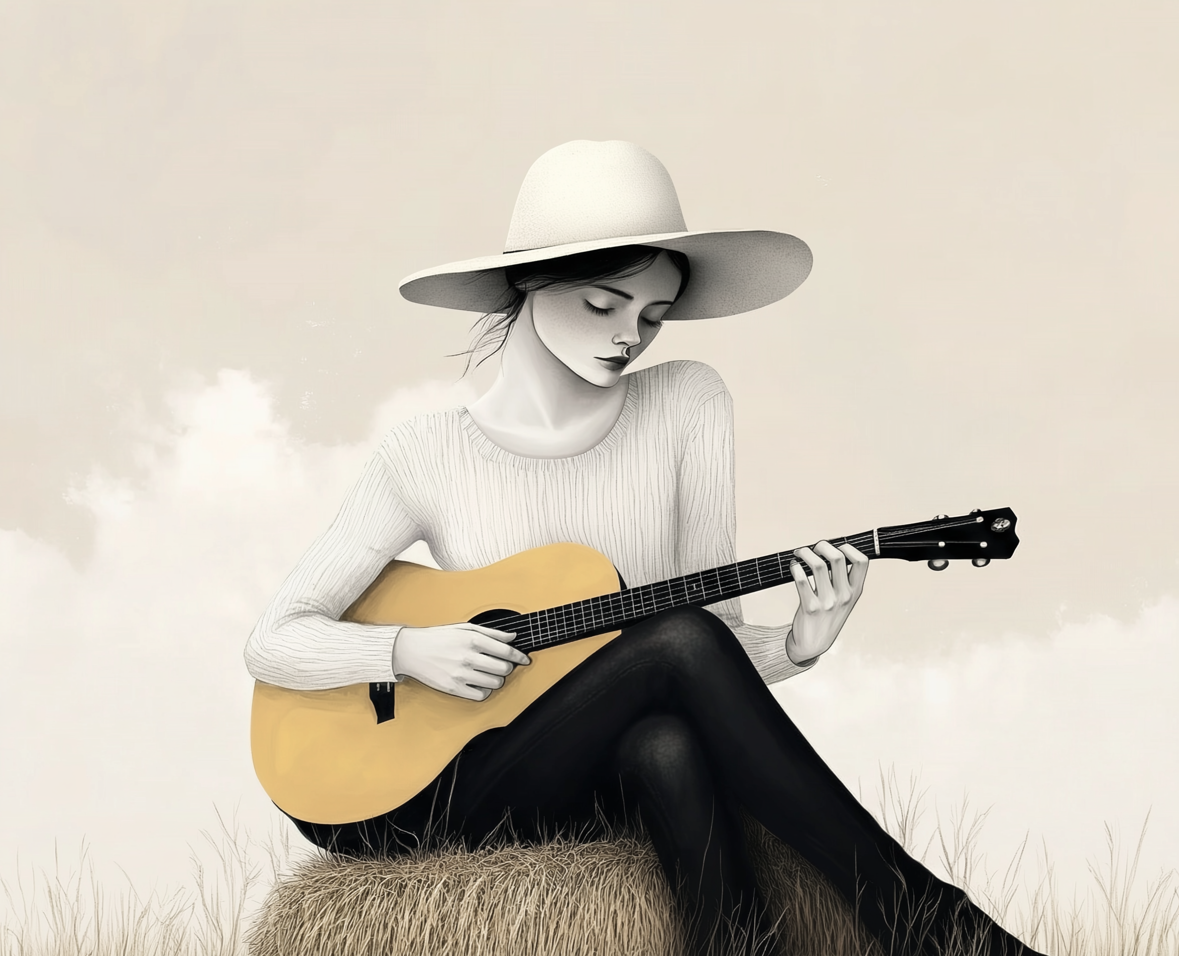 Monochromatic digital painting of a young woman with a wide-brimmed hat, white sweater, and dark leggings, gently strumming a yellow acoustic guitar while sitting on a hay bale. The soft, neutral background and peaceful expression evoke quiet creativity in a countryside setting.
