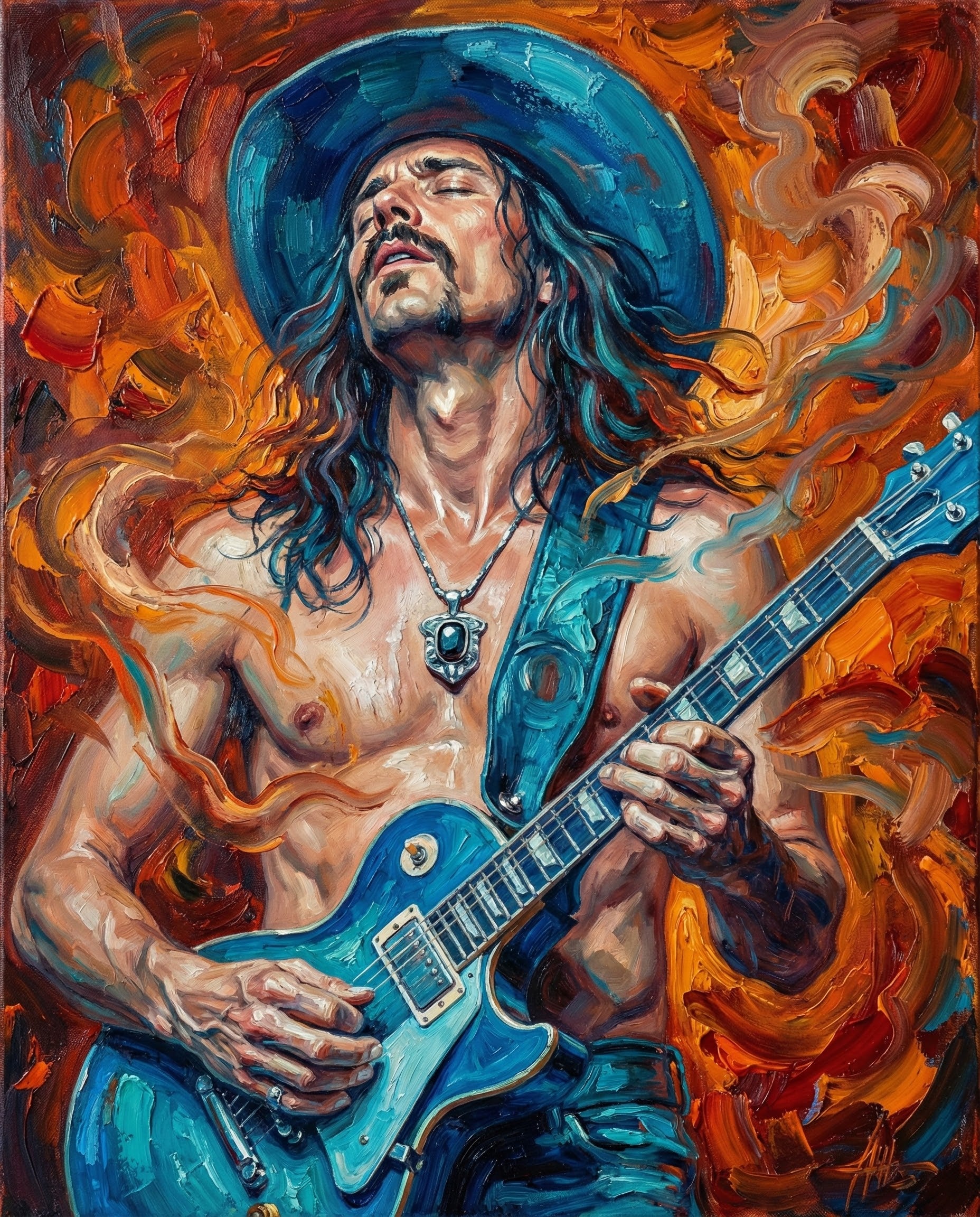 A vibrant, dynamic painting of a man passionately playing a blue electric guitar, with fiery colors and an intense atmosphere, capturing the energy and soul of music in an abstract style.
