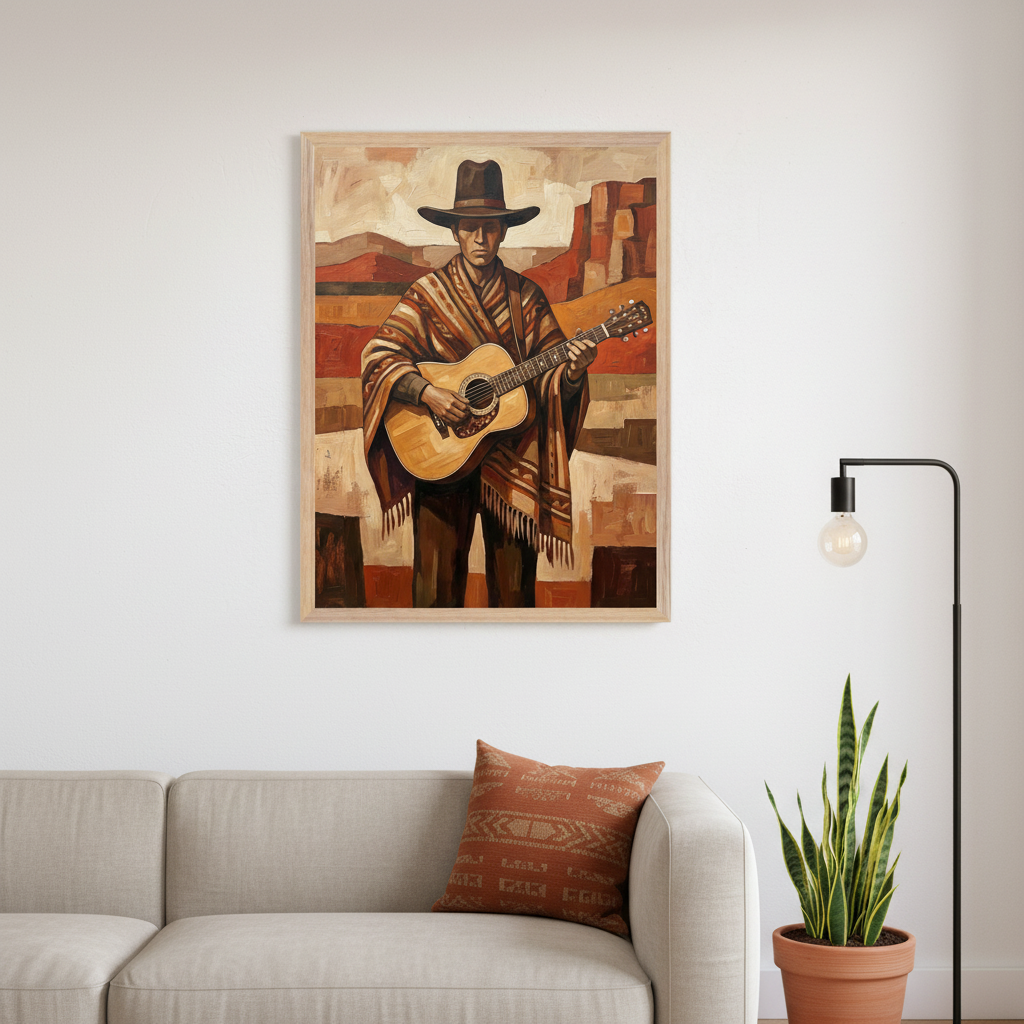 Modern living room with a light gray sofa. A large framed western-style painting of a man in a hat and striped poncho playing an acoustic guitar hangs on the wall above the sofa.