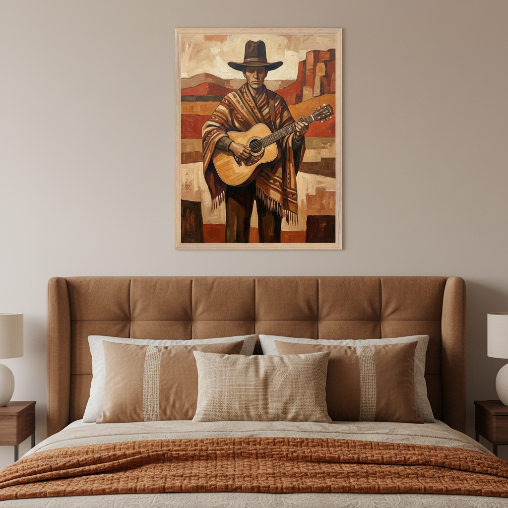 Modern bedroom with a brown upholstered headboard and bed. A framed painting of a man in a hat and poncho playing a guitar, against a warm-toned abstract landscape, hangs centered above the headboard.